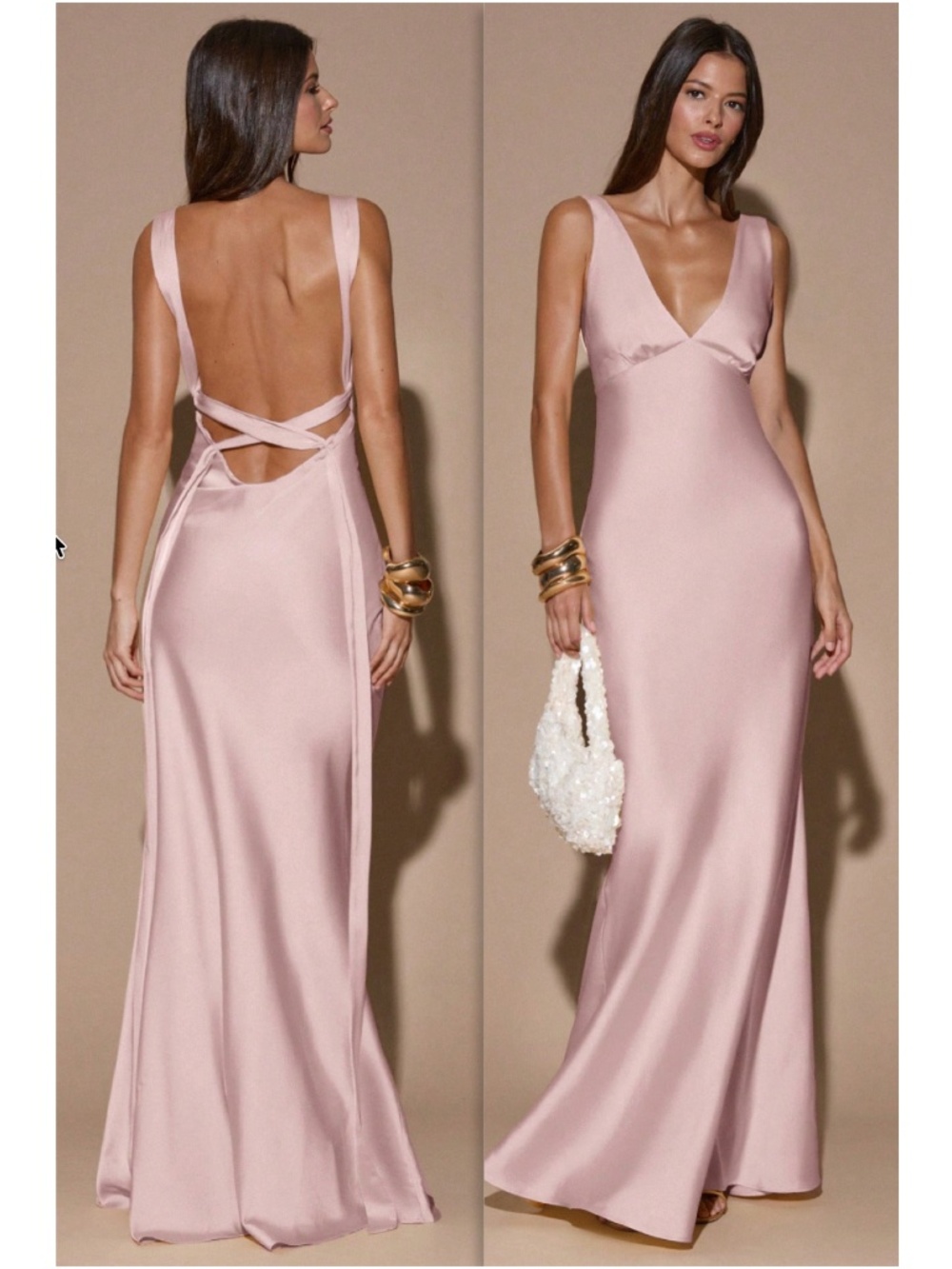 Pink Satin Maxi Dress Criss Cross Back Ties